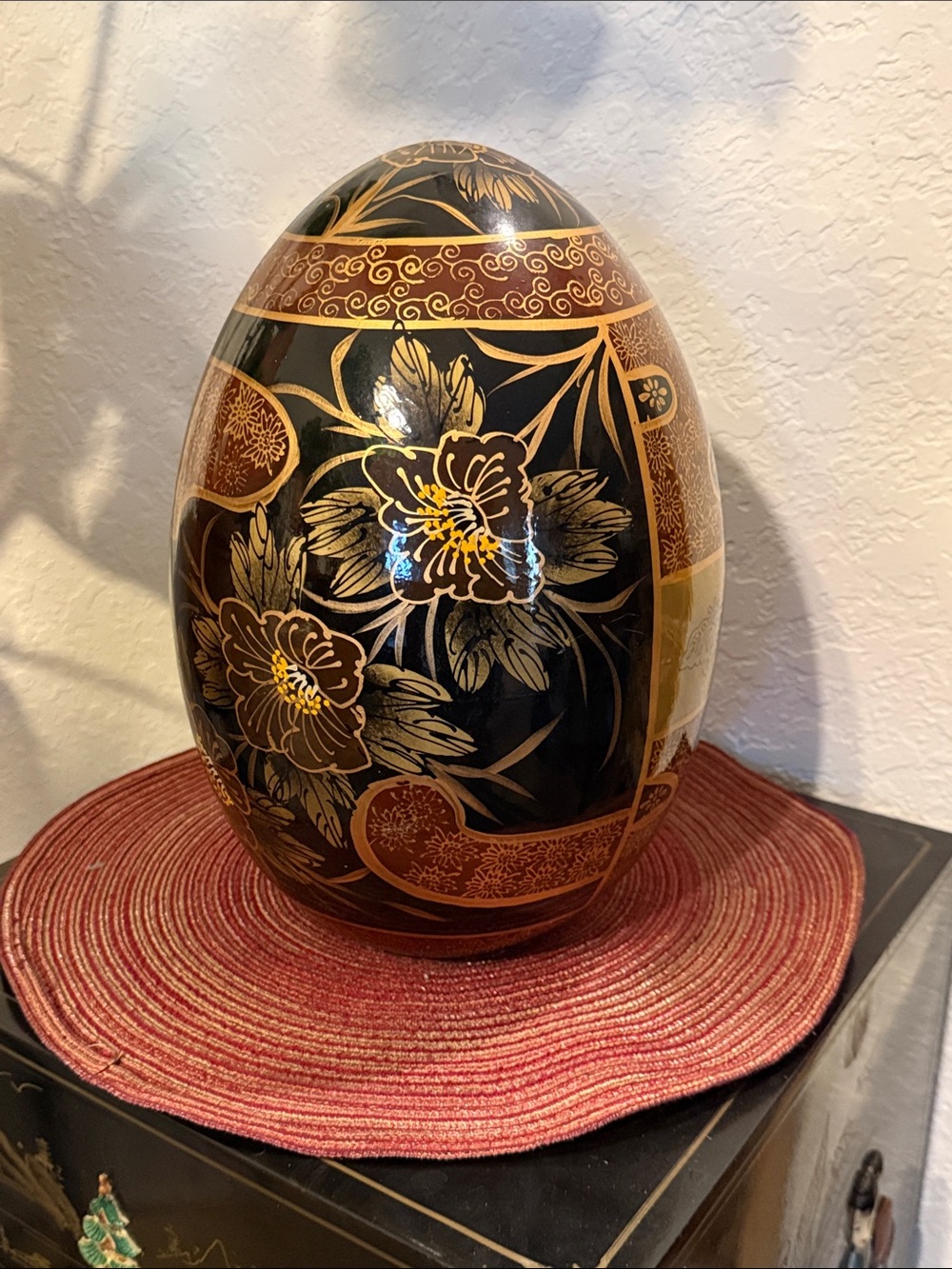 Hand-Painted Decorative Floral Egg - Black & Gold